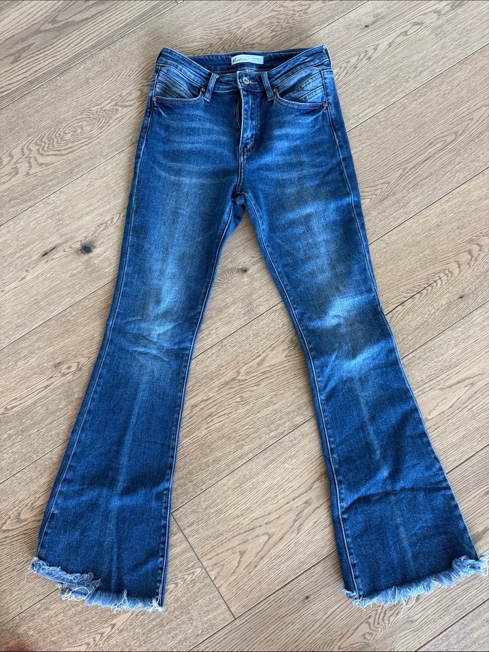 KanCan Dark Blue Stretch Flare Jeans with Frayed Hem
